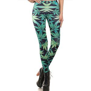 Casual Workout Fashion Weed Stretch Fabric Elastic High Waist Ankle-Length Leggi